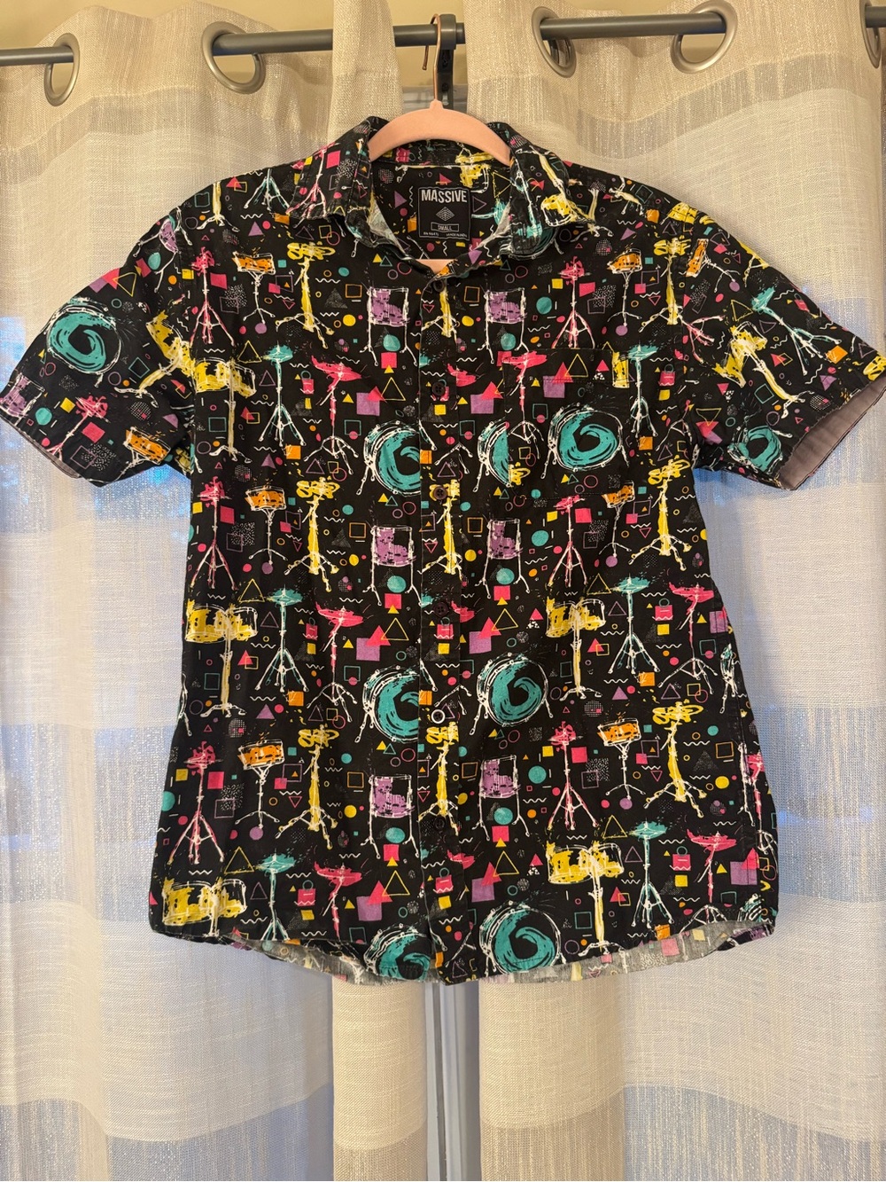 Massive Black Short-Sleeve Button-Down Shirt with Multicolor Abstract Print